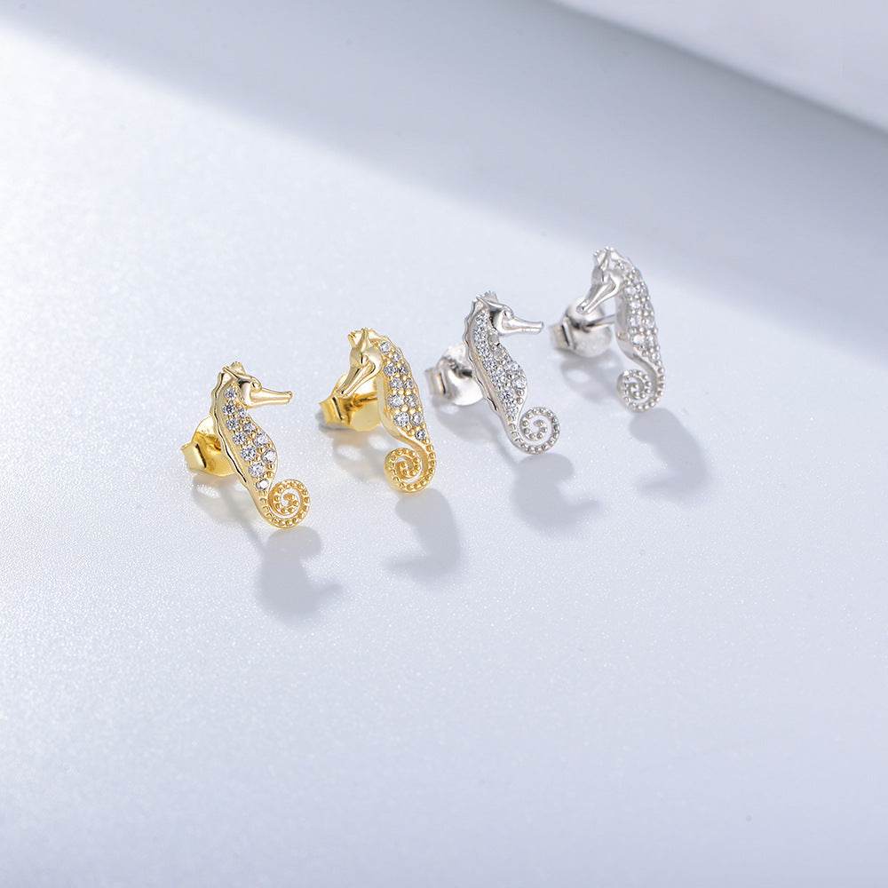 S925 pure silver micro inlaid zircon seahorse small animal earrings - MOWTE