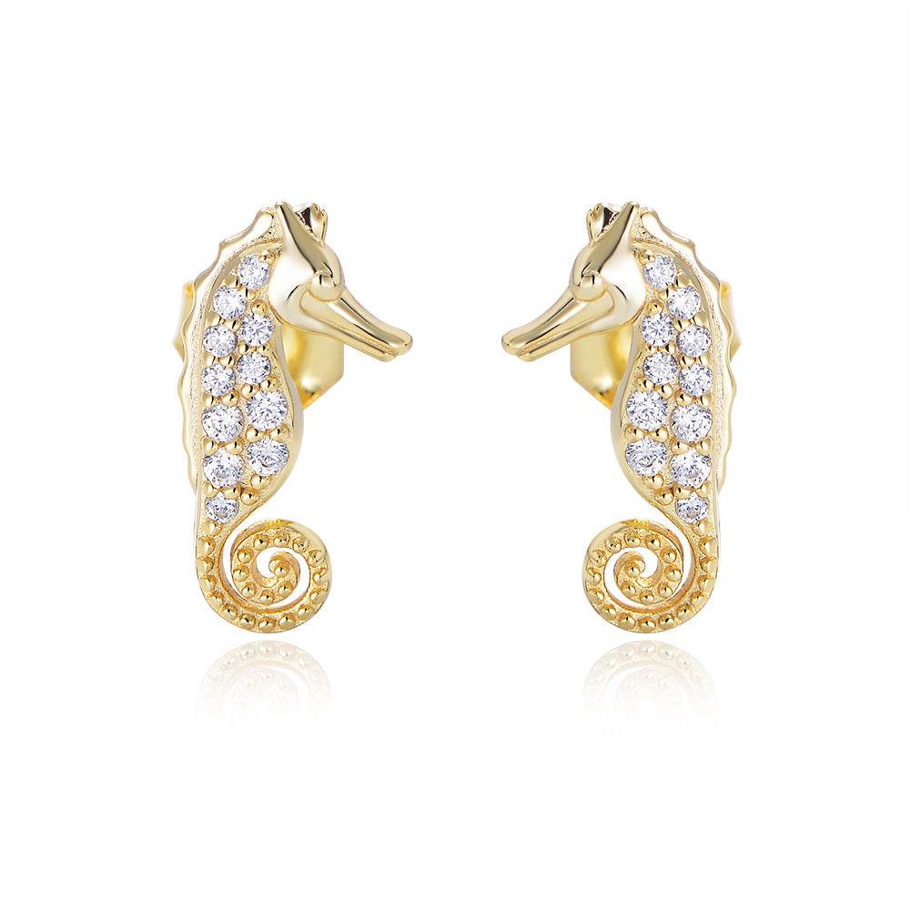 S925 pure silver micro inlaid zircon seahorse small animal earrings - MOWTE