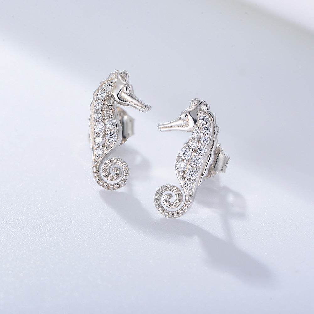 S925 pure silver micro inlaid zircon seahorse small animal earrings - MOWTE