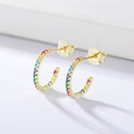 S925 pure silver micro inlaid colored zircon C-shaped earrings - MOWTE
