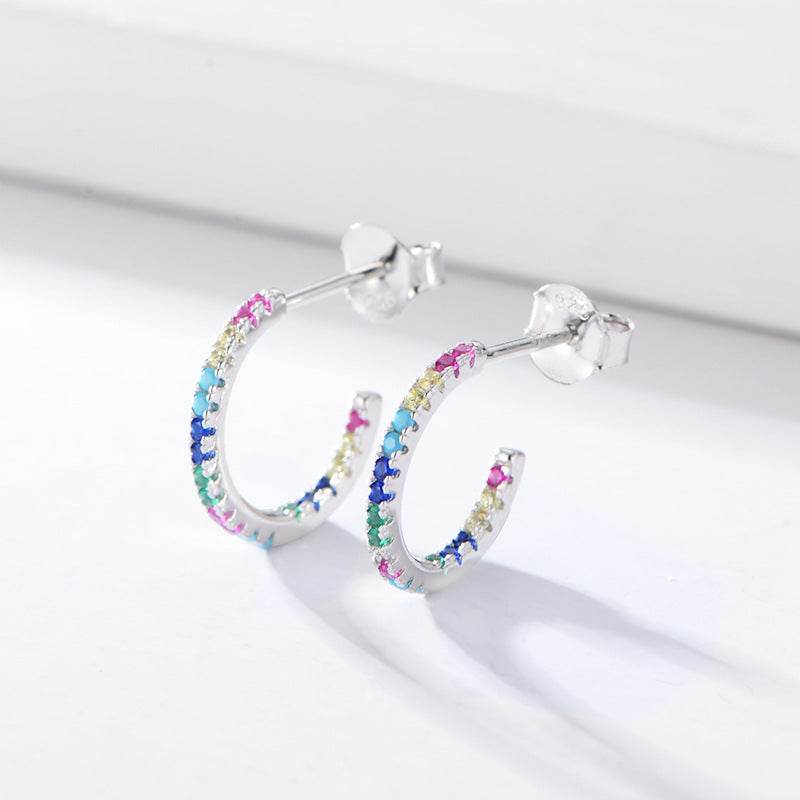 S925 pure silver micro inlaid colored zircon C-shaped earrings - MOWTE