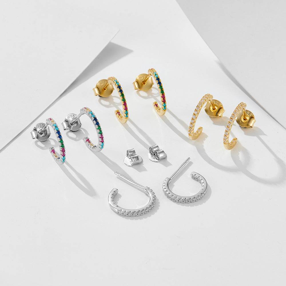 S925 pure silver micro inlaid colored zircon C-shaped earrings - MOWTE
