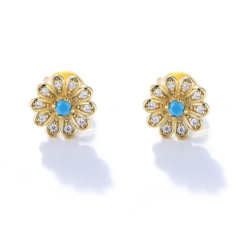 S925 pure silver zircon sun flower earrings with diamond studded daisy earrings - MOWTE