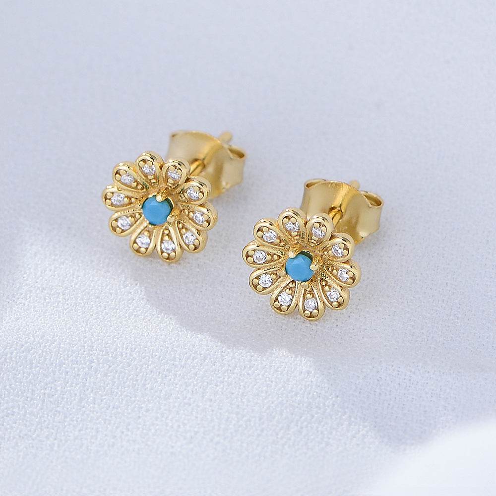 S925 pure silver zircon sun flower earrings with diamond studded daisy earrings - MOWTE