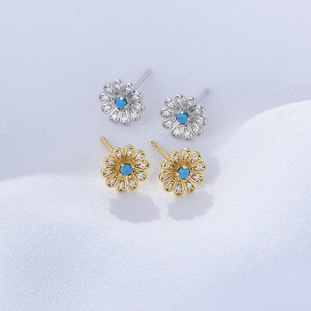 S925 pure silver zircon sun flower earrings with diamond studded daisy earrings - MOWTE