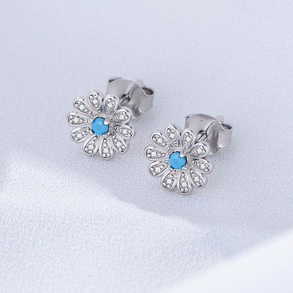 S925 pure silver zircon sun flower earrings with diamond studded daisy earrings - MOWTE