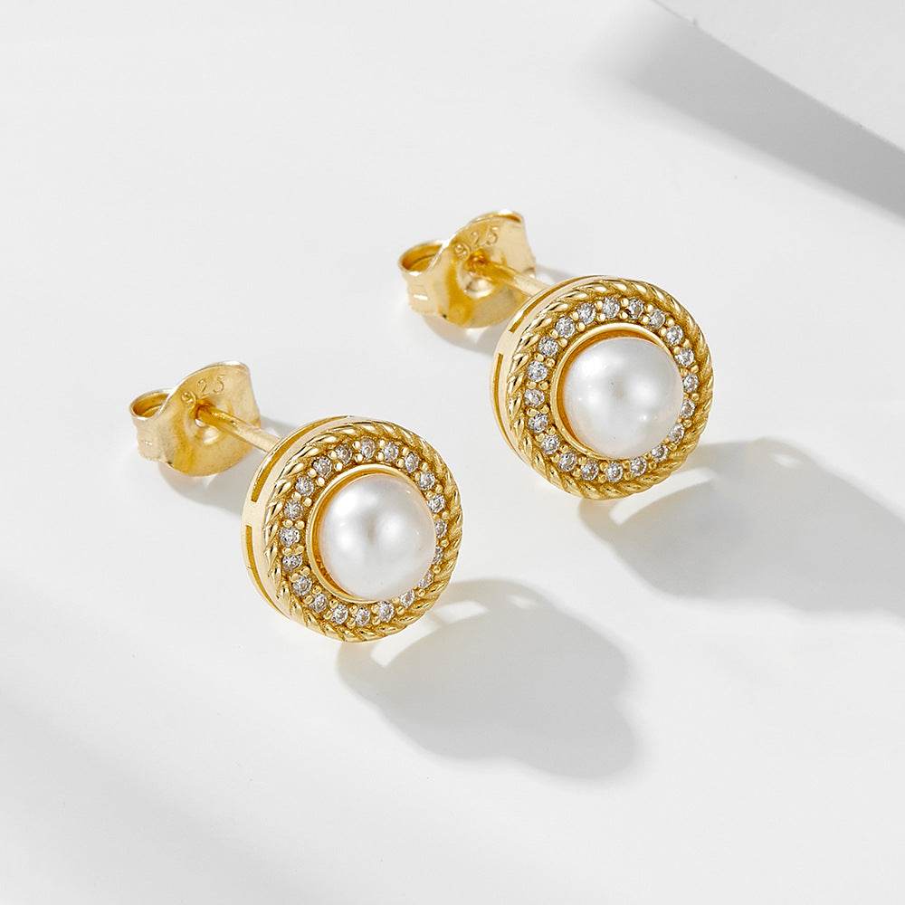 Natural freshwater pearls pure silver ear studs exquisite luxurious and slightly inlaid - MOWTE