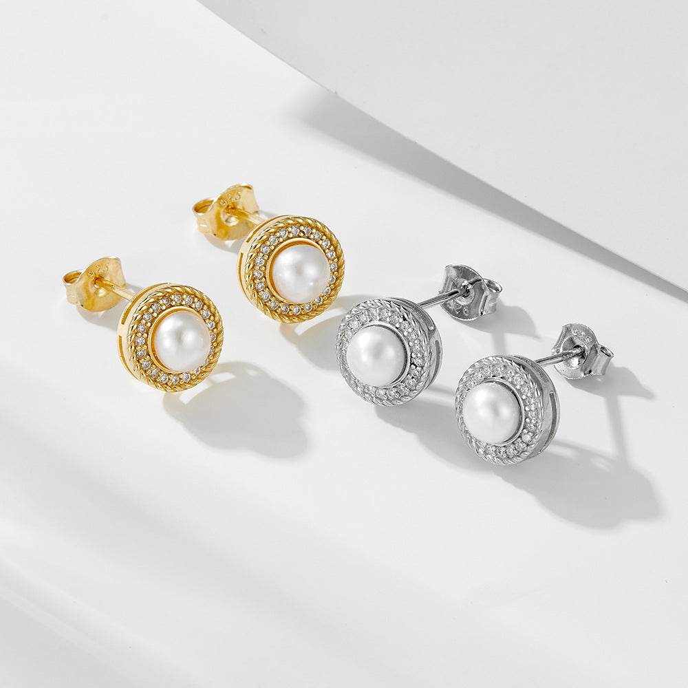 Natural freshwater pearls pure silver ear studs exquisite luxurious and slightly inlaid - MOWTE