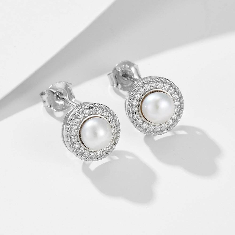 Natural freshwater pearls pure silver ear studs exquisite luxurious and slightly inlaid - MOWTE