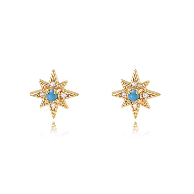 S925 pure silver star green pine zircon earrings for women octagonal star silver earrings - MOWTE