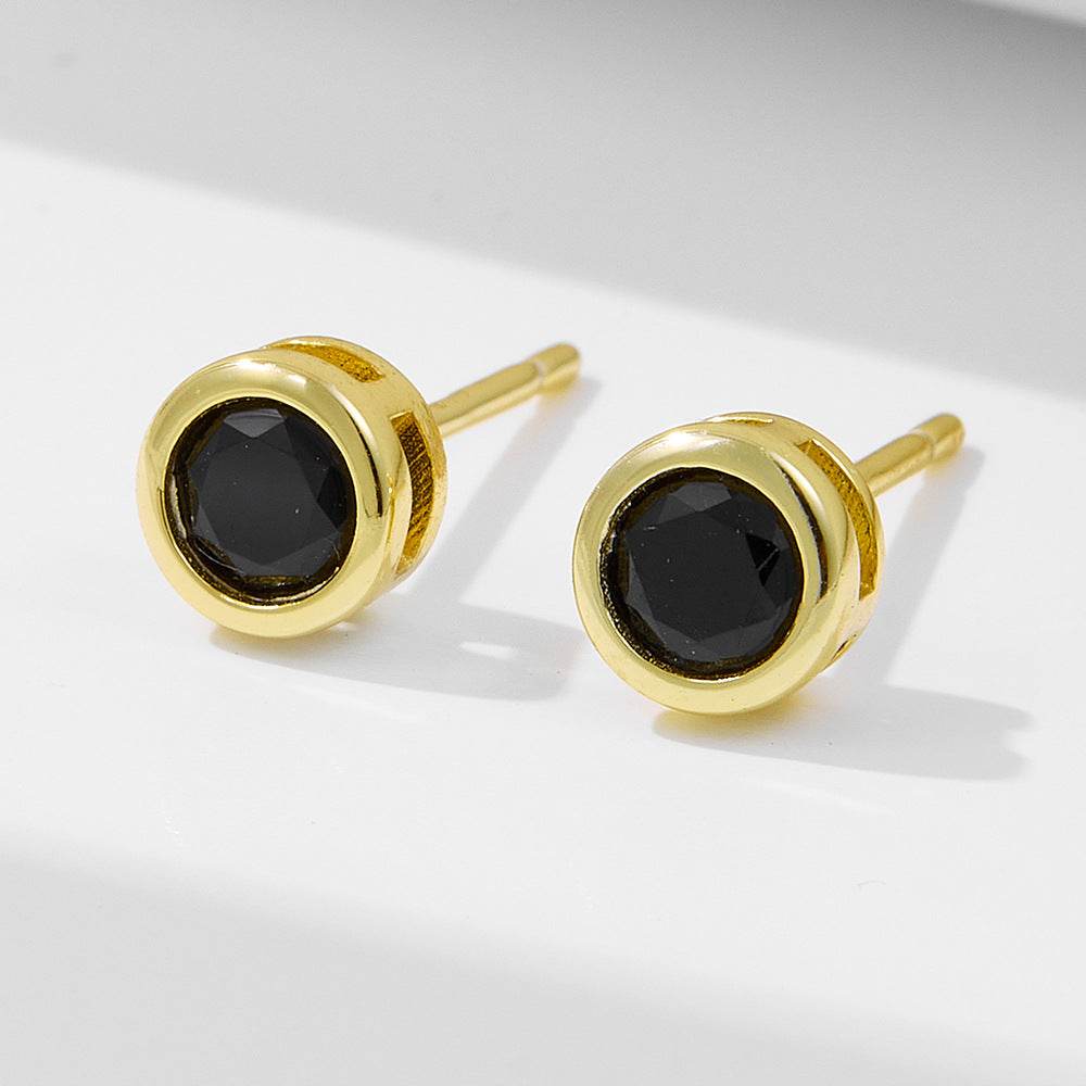 S925 pure silver classic geometric circular black zircon earrings - MOWTE