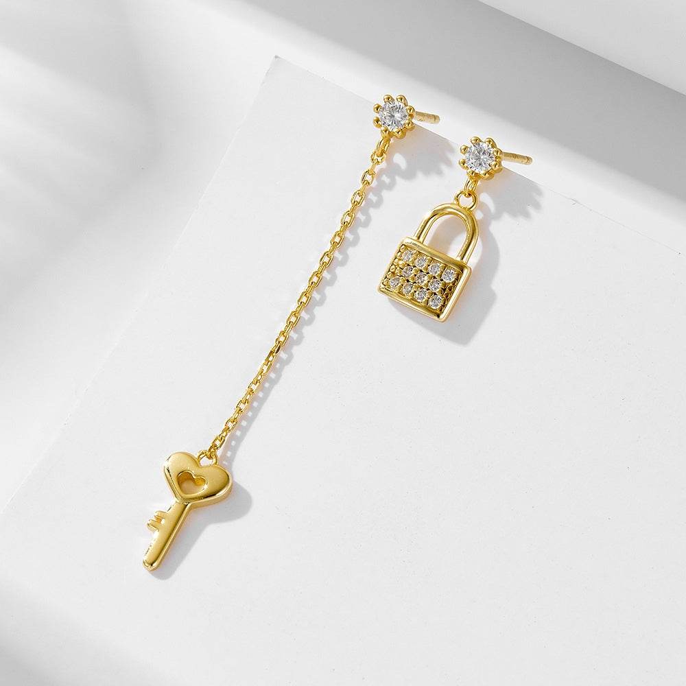S925 Silver Long Chain tassel Asymmetric Zircon Earnail Key Lock Creative Eardrop - MOWTE