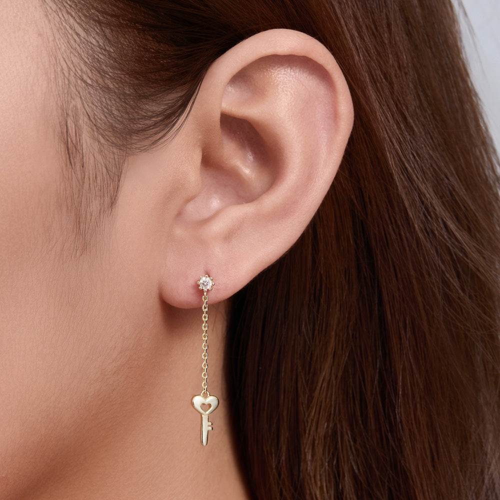 S925 Silver Long Chain tassel Asymmetric Zircon Earnail Key Lock Creative Eardrop - MOWTE