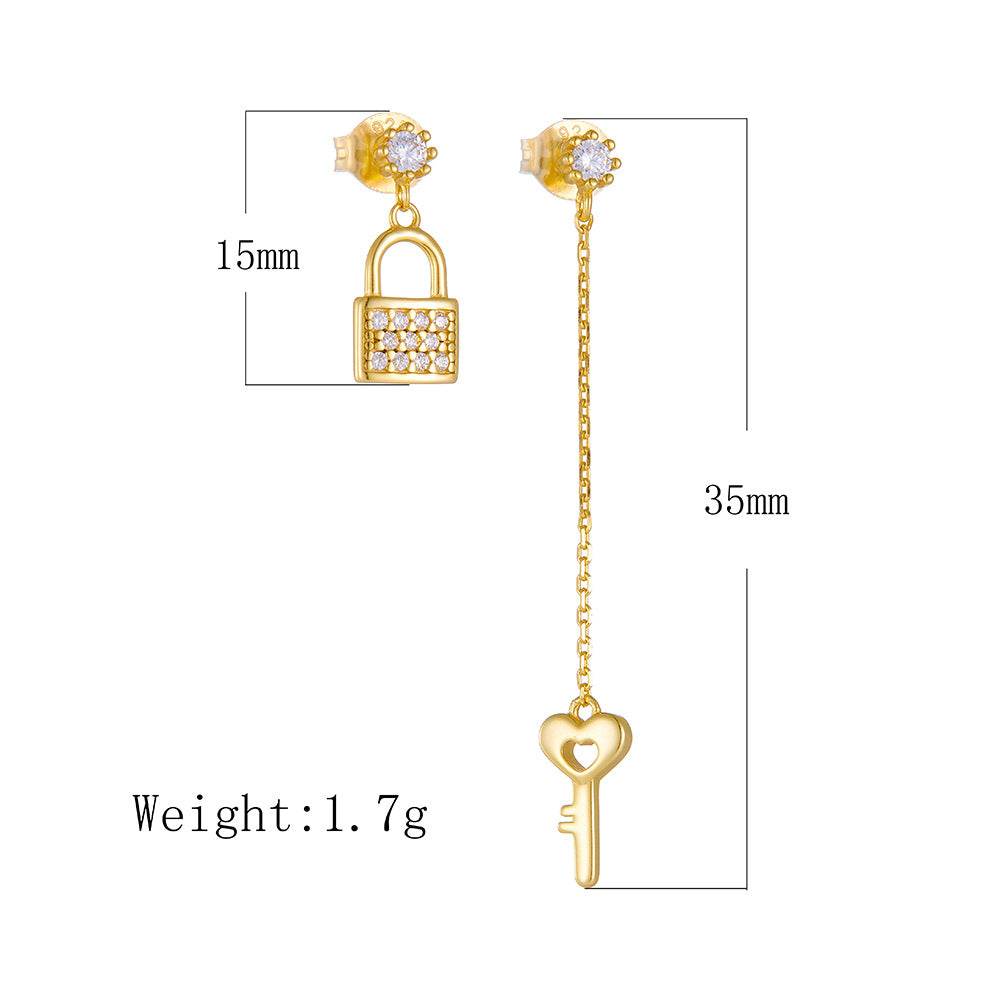 S925 Silver Long Chain tassel Asymmetric Zircon Earnail Key Lock Creative Eardrop - MOWTE