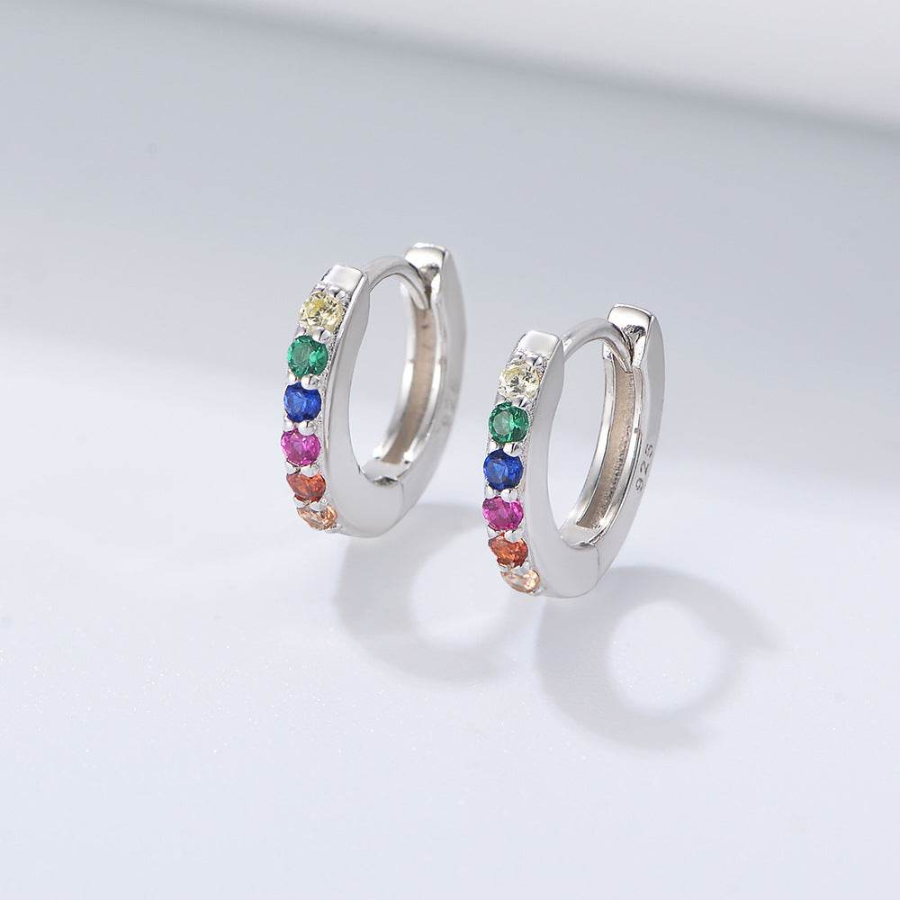 S925 pure silver round micro inlaid colored zircon ear buckle - MOWTE