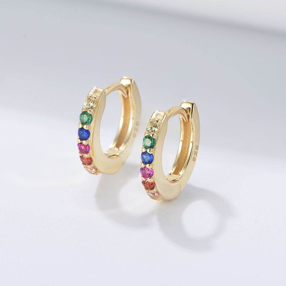 S925 pure silver round micro inlaid colored zircon ear buckle - MOWTE