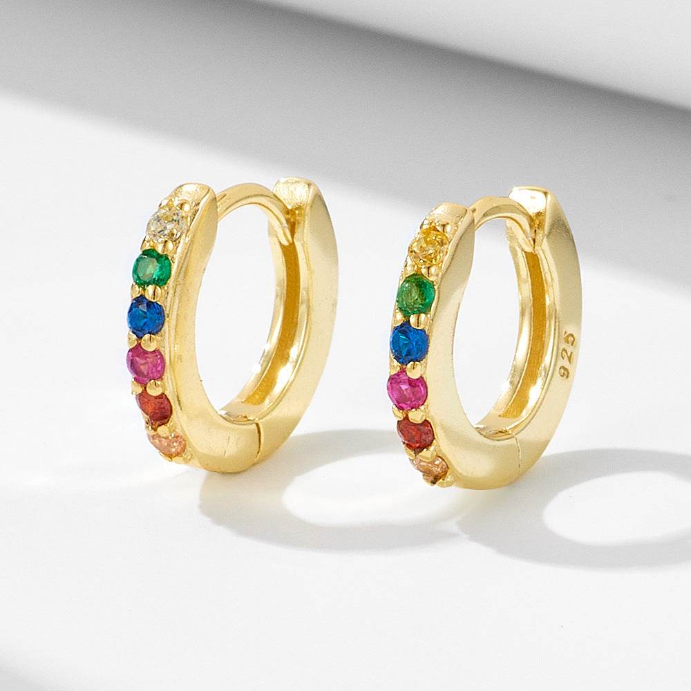 S925 pure silver round micro inlaid colored zircon ear buckle - MOWTE