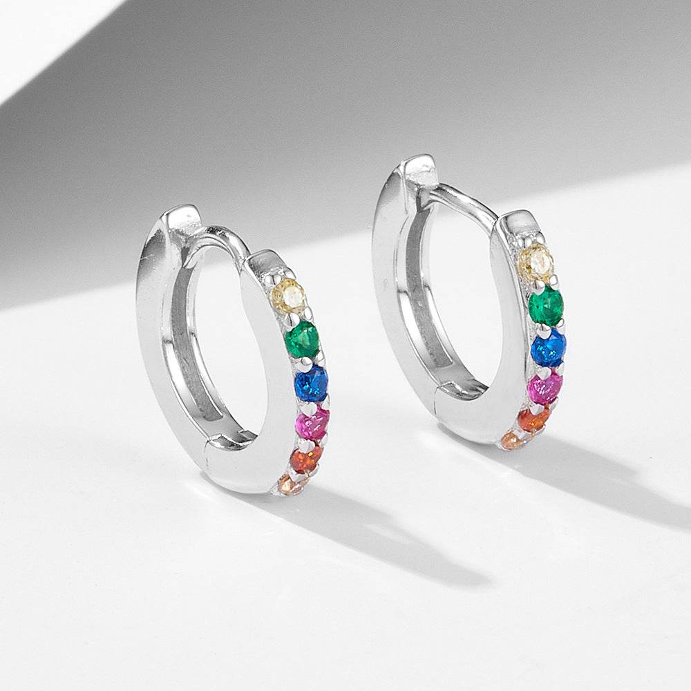S925 pure silver round micro inlaid colored zircon ear buckle - MOWTE