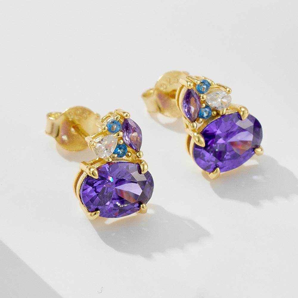 S925 pure silver colored gemstone earrings geometric oval purple zircon earrings - MOWTE