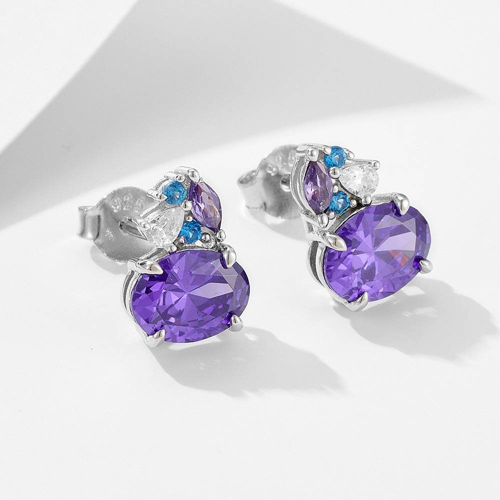 S925 pure silver colored gemstone earrings geometric oval purple zircon earrings - MOWTE