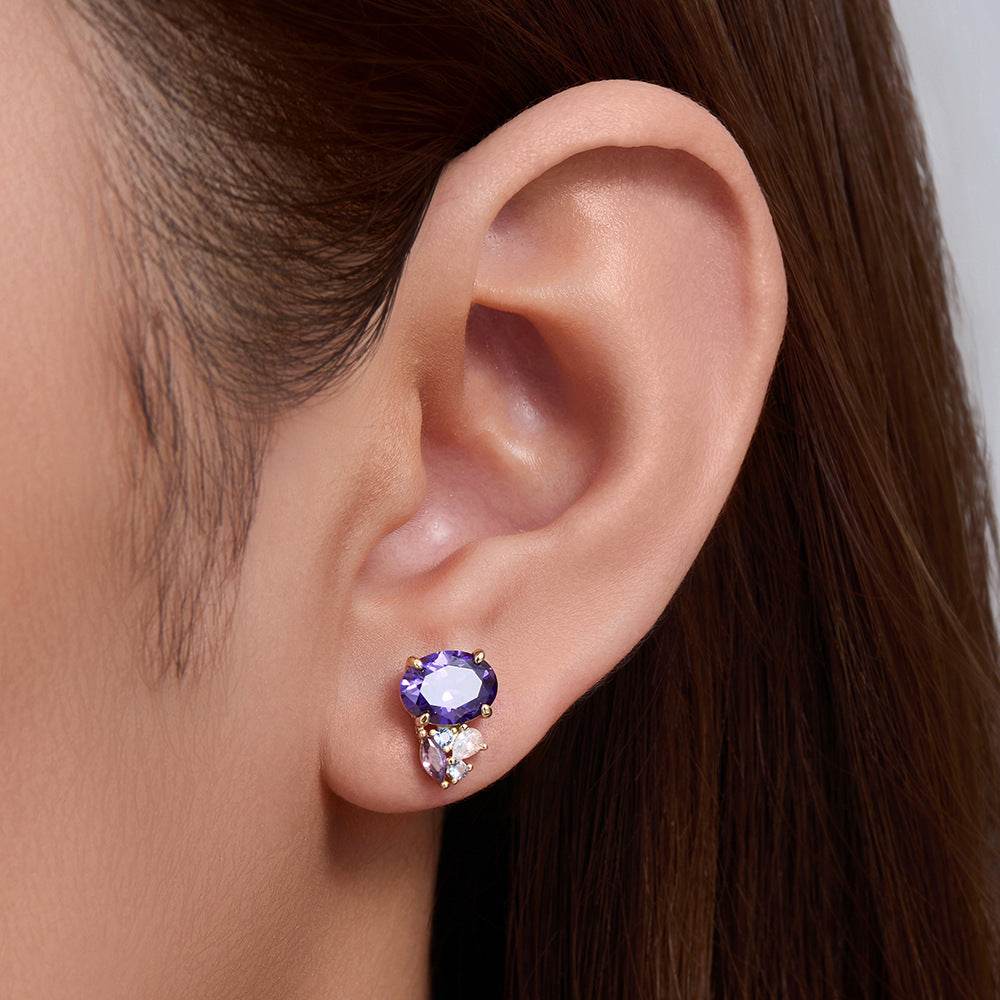 S925 pure silver colored gemstone earrings geometric oval purple zircon earrings - MOWTE