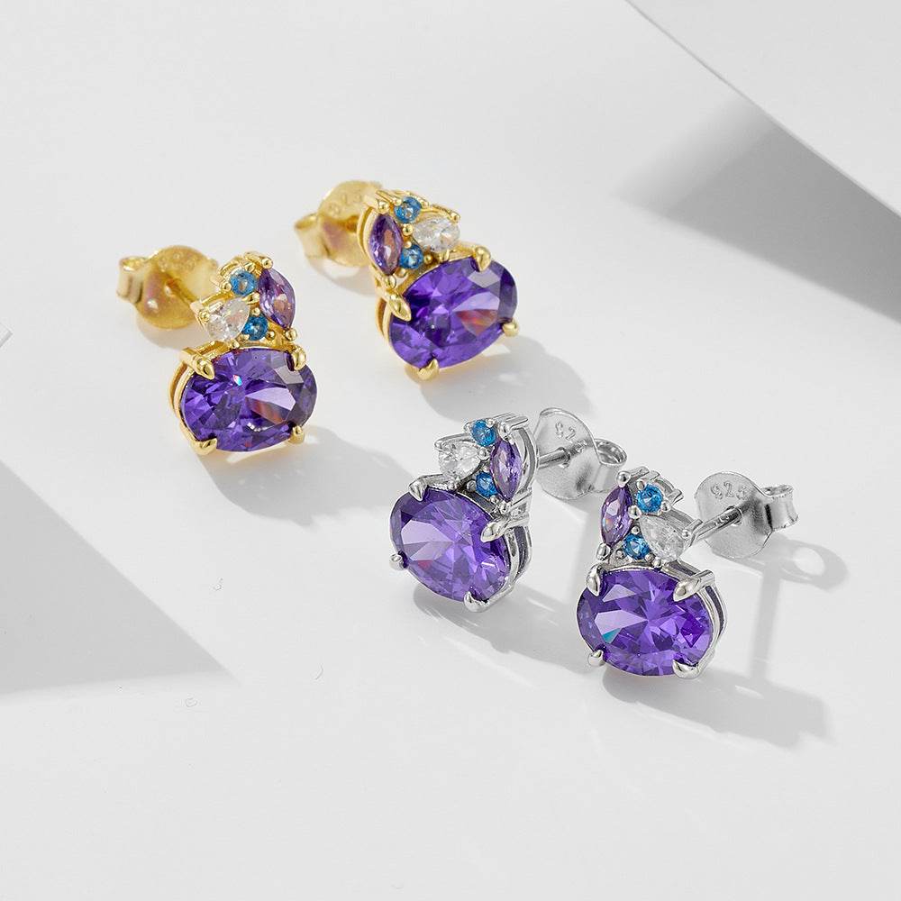 S925 pure silver colored gemstone earrings geometric oval purple zircon earrings - MOWTE
