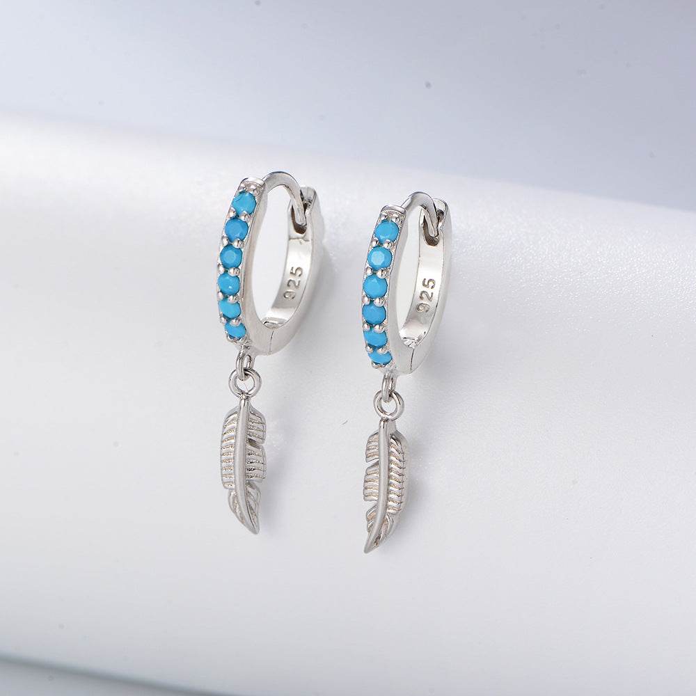 S925 pure silver turquoise feather ear clip earrings for women - MOWTE