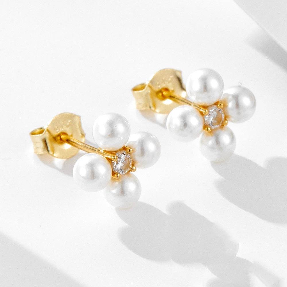 S925 pure silver small fresh diamond inlaid pearl zircon four leaf combination earrings - MOWTE