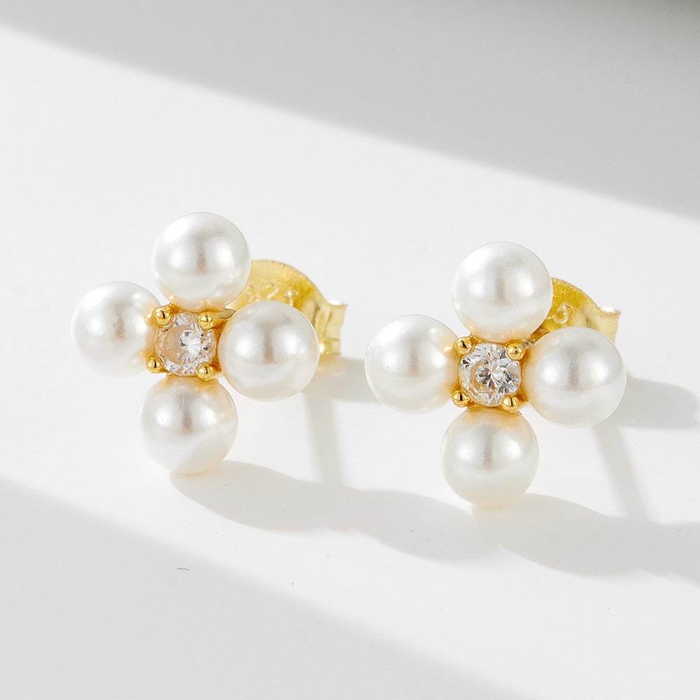 S925 pure silver small fresh diamond inlaid pearl zircon four leaf combination earrings - MOWTE