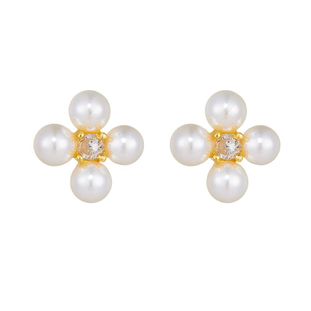 S925 pure silver small fresh diamond inlaid pearl zircon four leaf combination earrings - MOWTE