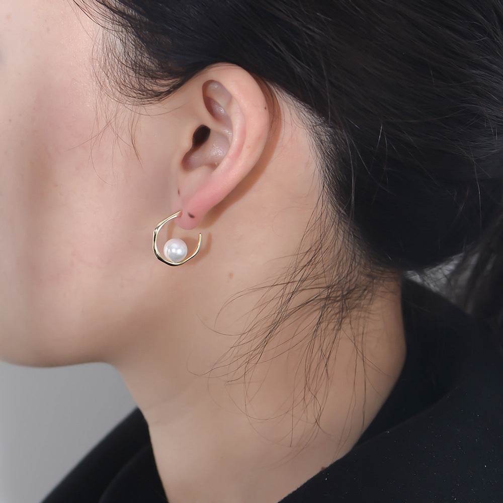 Geometric C-shaped shell bead silver ear nail women's 925 sterling silver pearl earrings - MOWTE