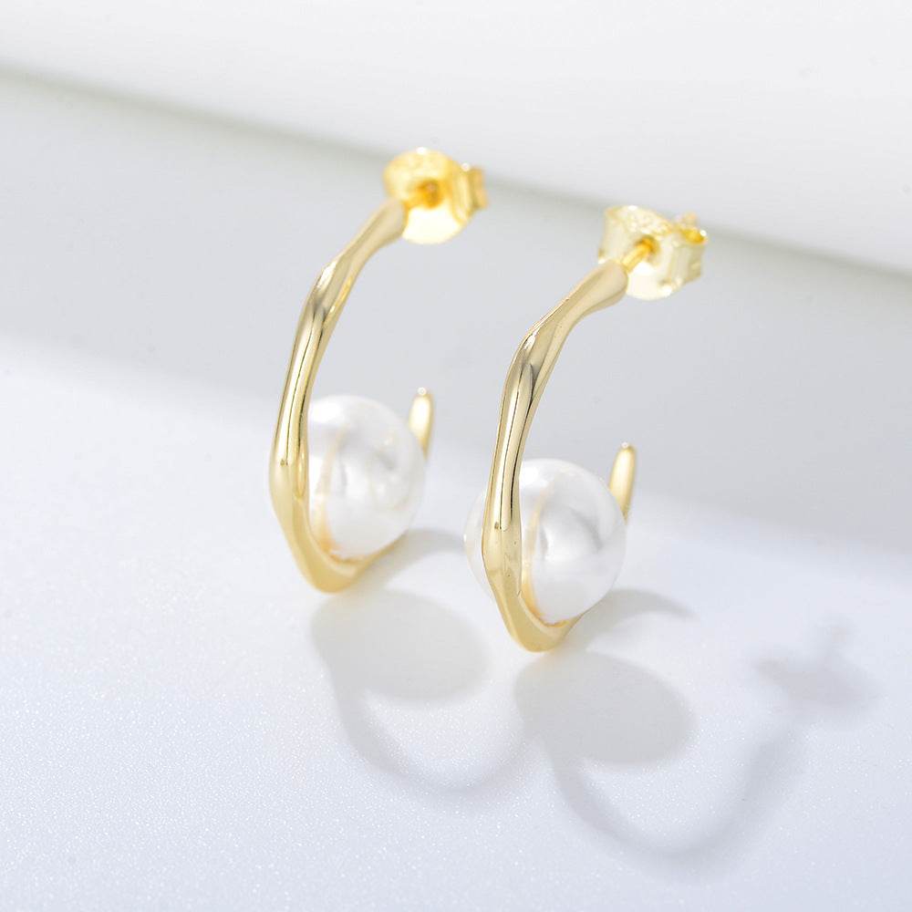 Geometric C-shaped shell bead silver ear nail women's 925 sterling silver pearl earrings - MOWTE