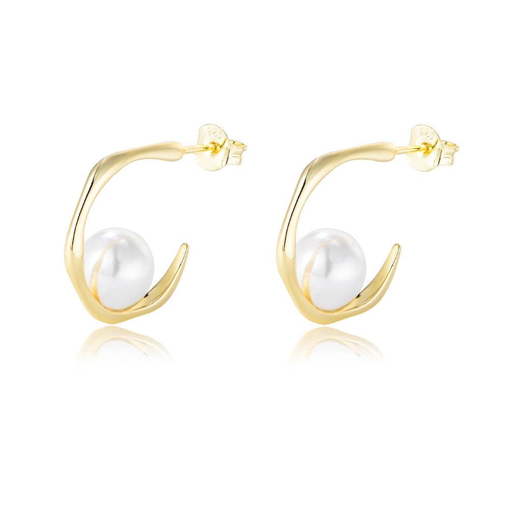 Geometric C-shaped shell bead silver ear nail women's 925 sterling silver pearl earrings - MOWTE