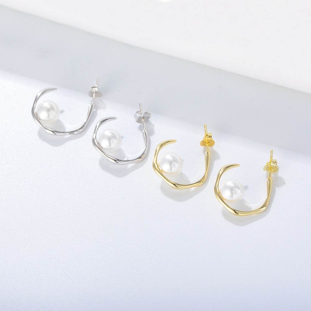 Geometric C-shaped shell bead silver ear nail women's 925 sterling silver pearl earrings - MOWTE