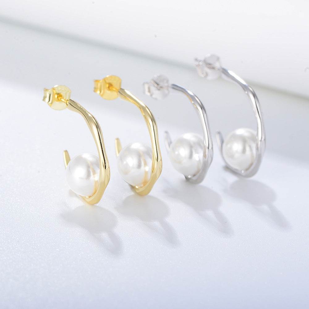 Geometric C-shaped shell bead silver ear nail women's 925 sterling silver pearl earrings - MOWTE