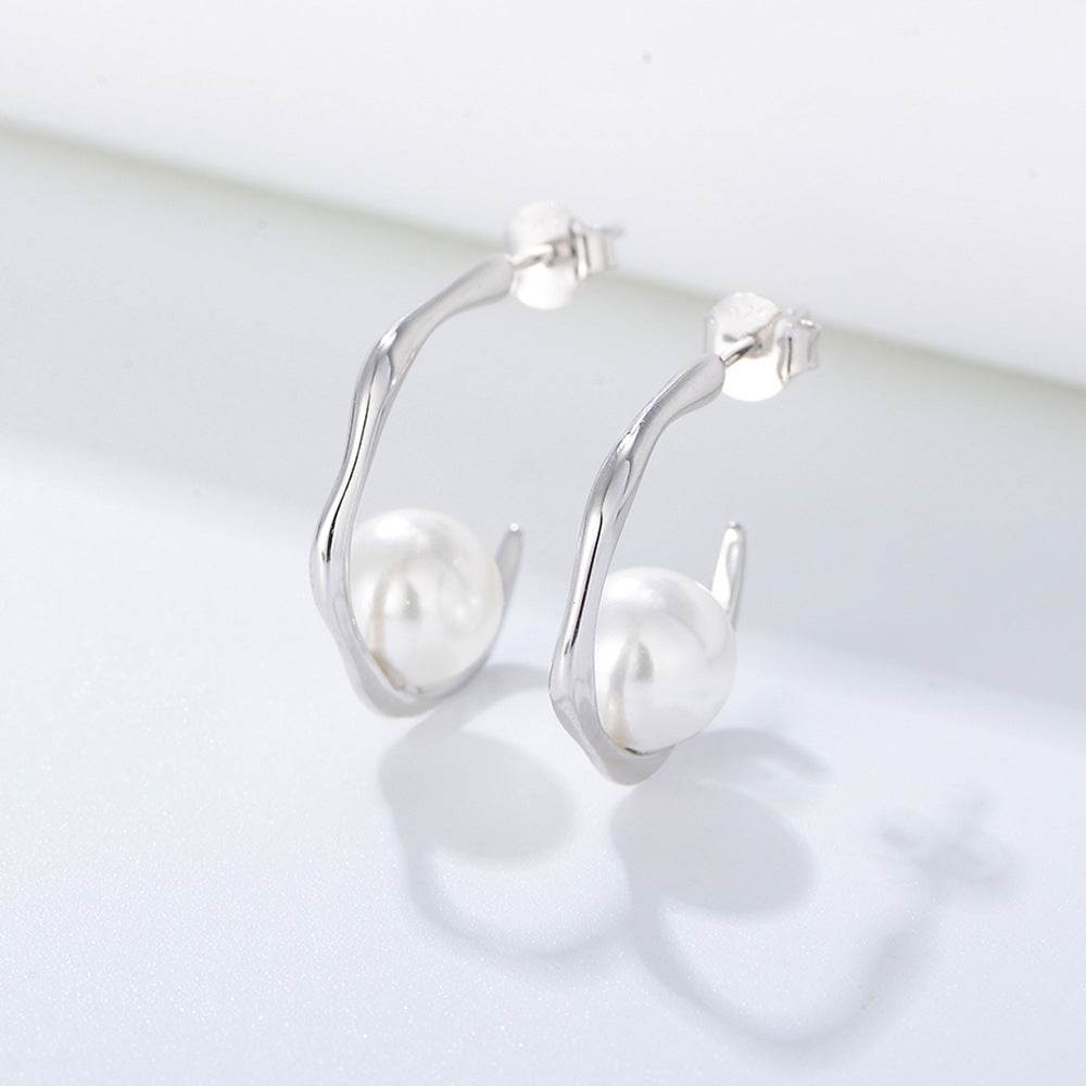 Geometric C-shaped shell bead silver ear nail women's 925 sterling silver pearl earrings - MOWTE