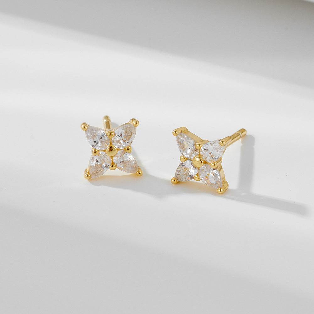 Four leaf clover zircon pure silver ear nail for ear hole sleep no need to remove earrings - MOWTE