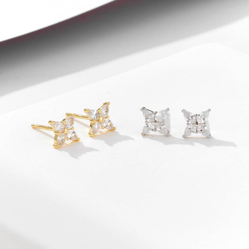 Four leaf clover zircon pure silver ear nail for ear hole sleep no need to remove earrings - MOWTE