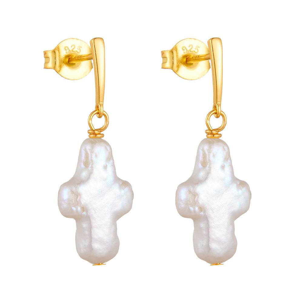 Freshwater Cross Pearl Earrings Women's S 925 Pure Silver Natural Baroque Shaped Pearl Earrings - MOWTE