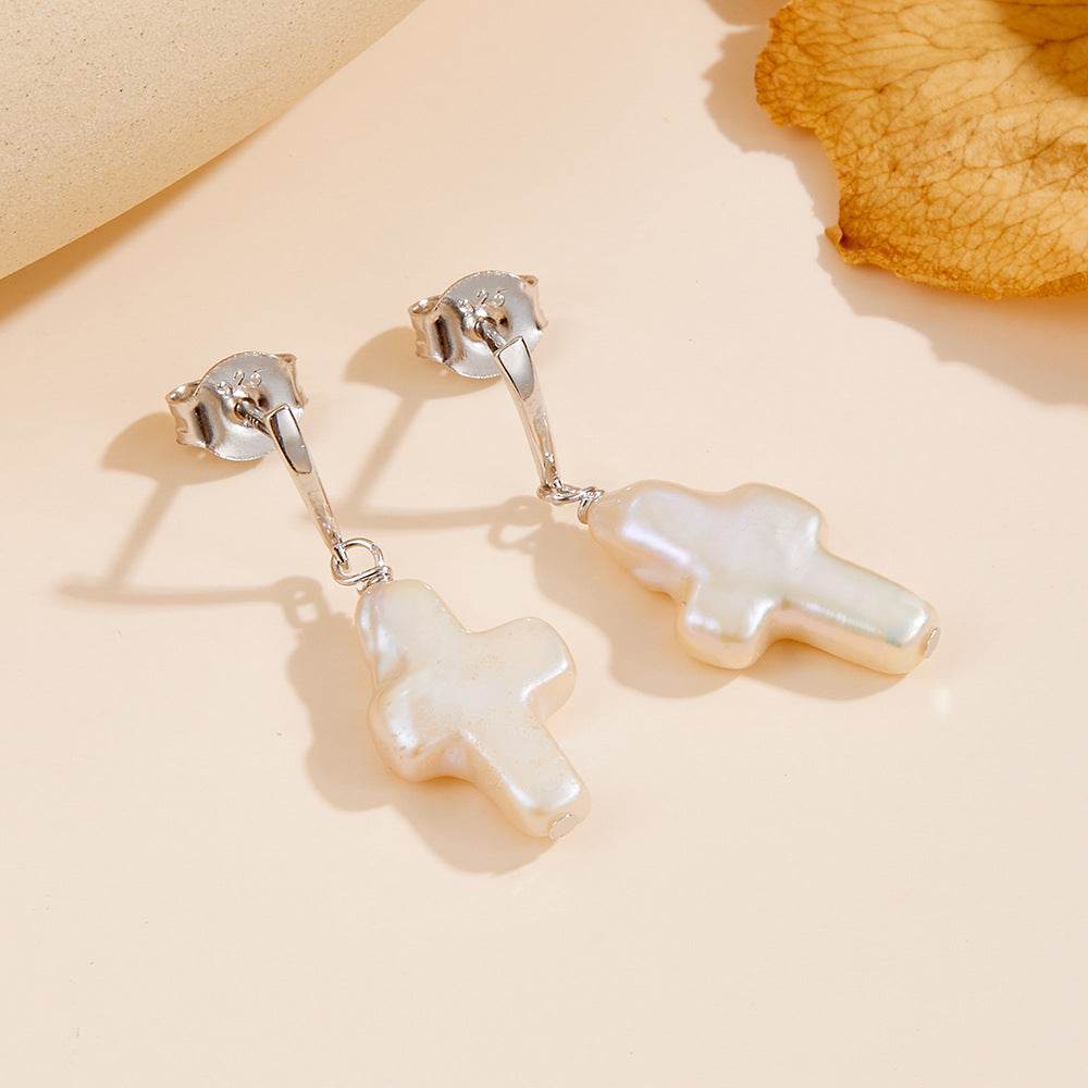 Freshwater Cross Pearl Earrings Women's S 925 Pure Silver Natural Baroque Shaped Pearl Earrings - MOWTE