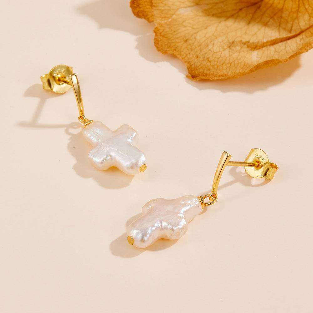 Freshwater Cross Pearl Earrings Women's S 925 Pure Silver Natural Baroque Shaped Pearl Earrings - MOWTE