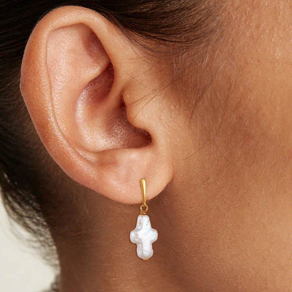 Freshwater Cross Pearl Earrings Women's S 925 Pure Silver Natural Baroque Shaped Pearl Earrings - MOWTE