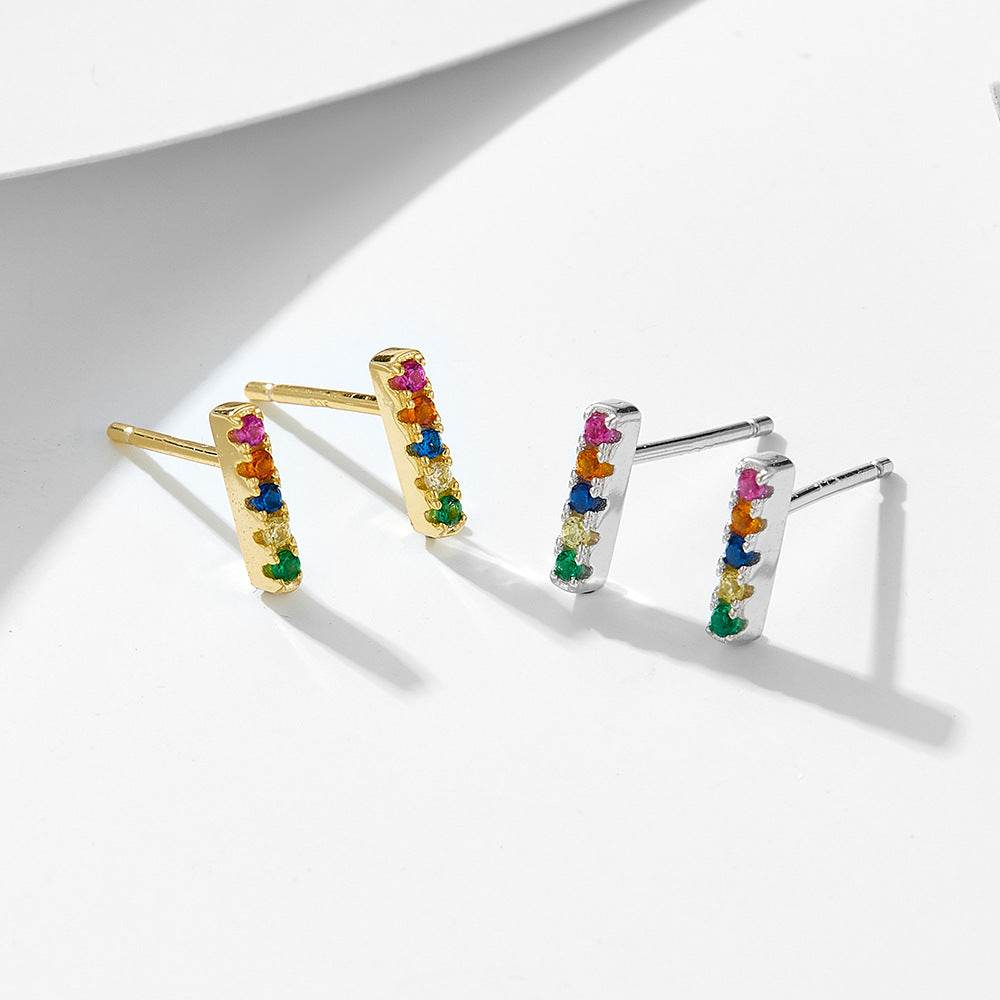S925 pure silver one-piece micro inlaid colorful zircon versatile square earrings - MOWTE