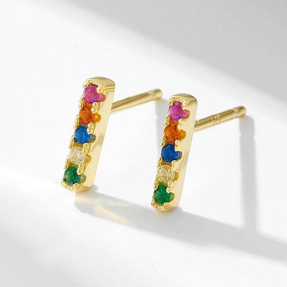 S925 pure silver one-piece micro inlaid colorful zircon versatile square earrings - MOWTE
