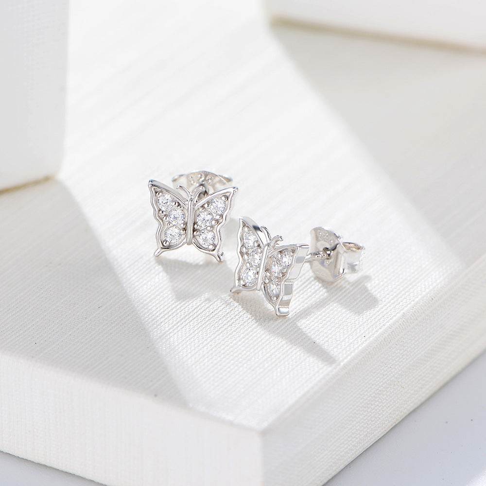 S925 pure silver butterfly zircon small earrings for women - MOWTE