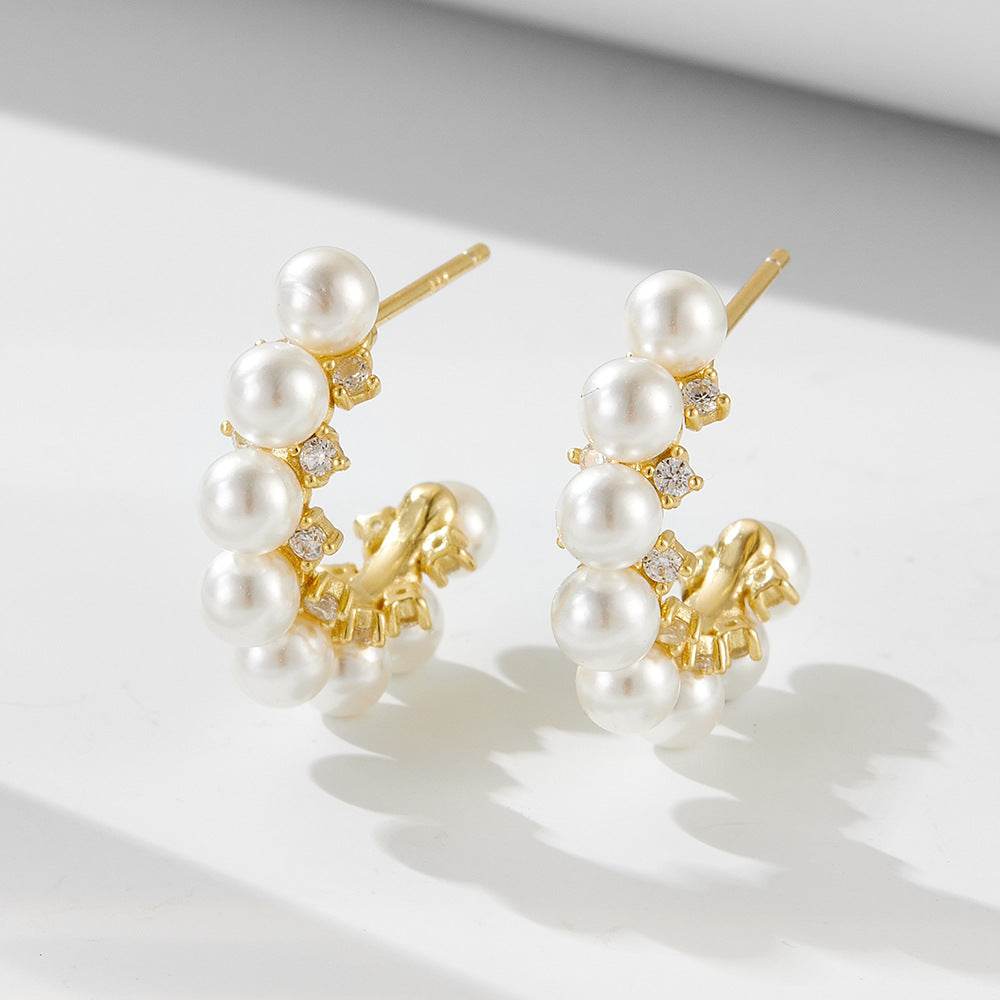 C-shaped pearl earrings with pure silver earrings and simple earrings - MOWTE