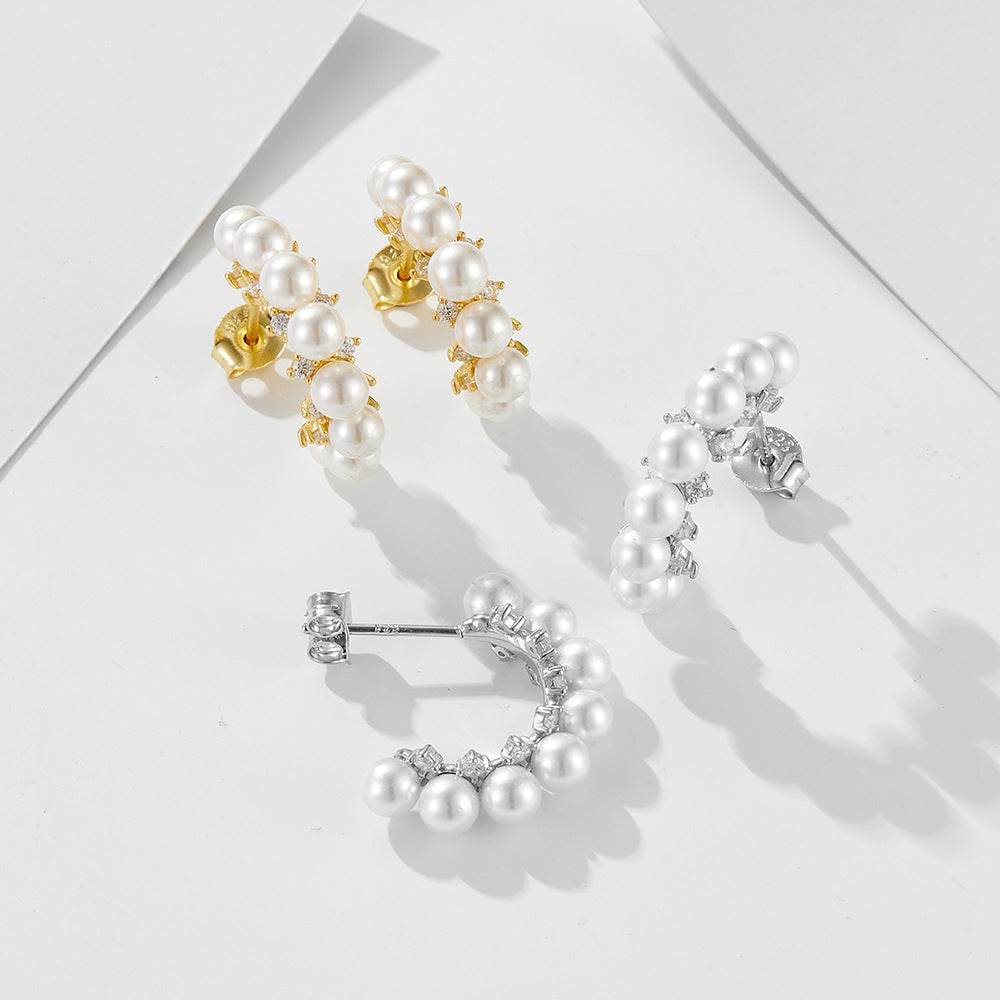 C-shaped pearl earrings with pure silver earrings and simple earrings - MOWTE