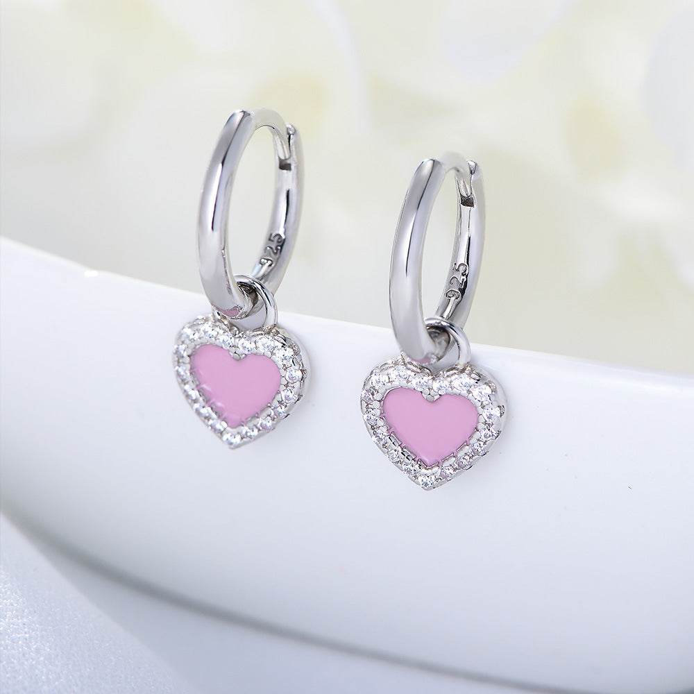 Zircon earrings 925 sterling silver pink oil drop heart-shaped earrings - MOWTE