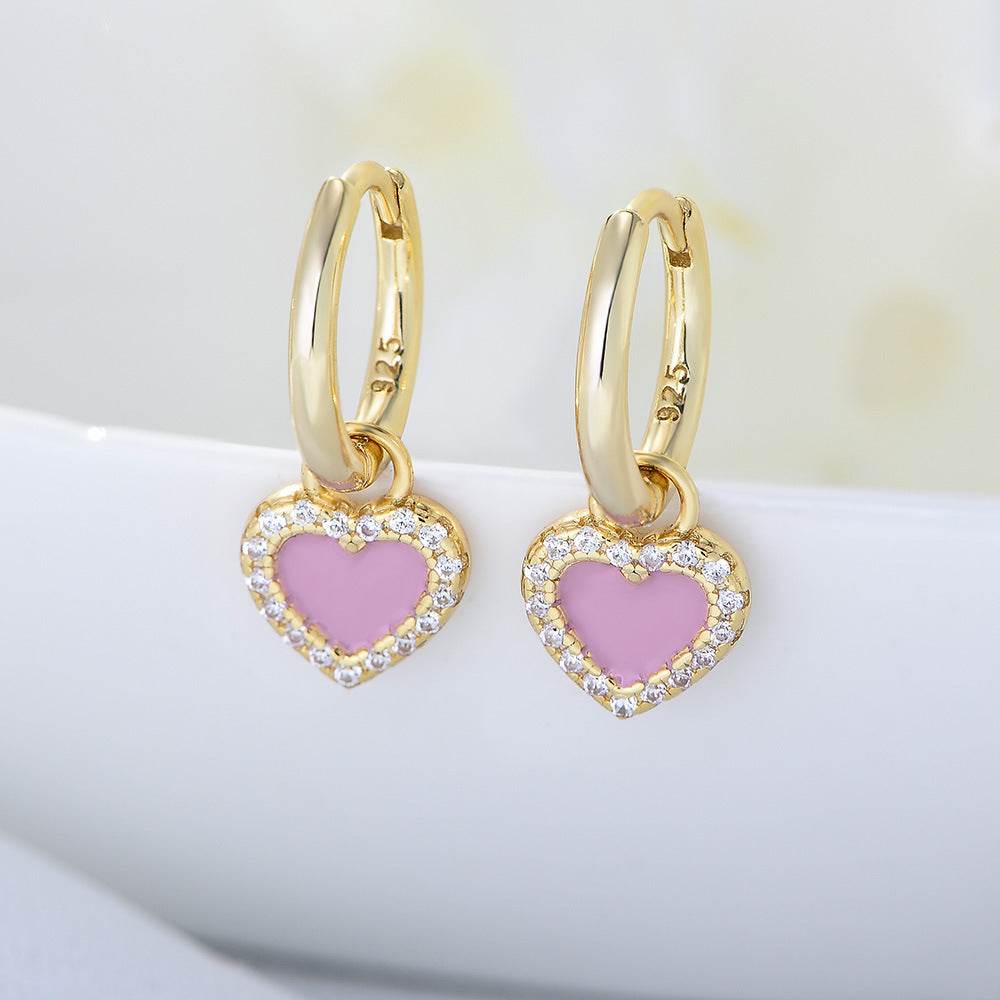 Zircon earrings 925 sterling silver pink oil drop heart-shaped earrings - MOWTE