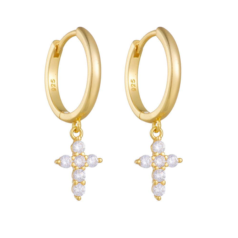 S925 pure silver geometric cross diamond studded earrings with ear buckles for women - MOWTE
